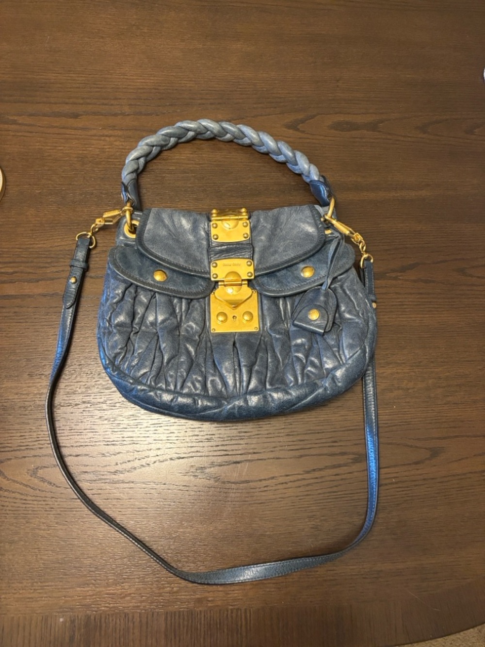 Miu Miu Blue Leather Shoulder Bag with Gold Hardware